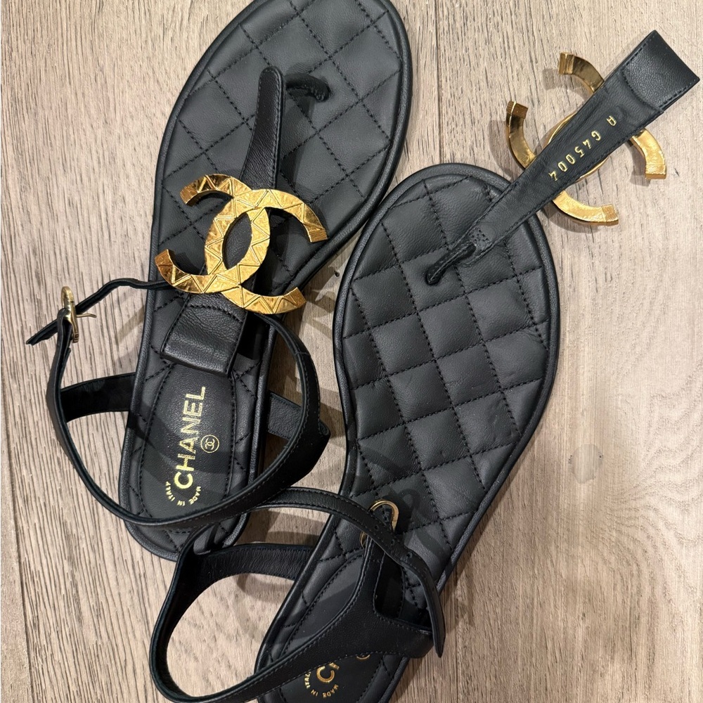 Chanel Quilted Black Sandals with Gold Logo